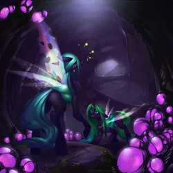 Size: 1250x1250 | Tagged: artist:eosphorite, bowing, changeling, changeling queen, cocoon, dead source, derpibooru import, egg, eye contact, eyelashes, fangs, female, glow, grin, hive, necklace, nymph, oc, oc:temptation, queen chrysalis, raised hoof, safe, smiling