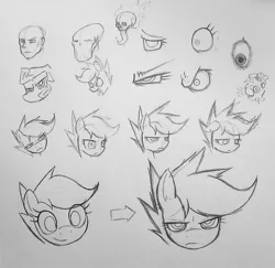 Size: 1037x1010 | Tagged: safe, artist:melancholy, derpibooru import, scootaloo, espurr, human, angry, annoyed, eye, eyeball, frown, glare, grin, human skull, open mouth, sad, sketch dump, skull, smiling, tongue out, unamused