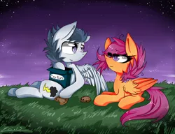 Size: 5316x4092 | Tagged: safe, artist:scootaloocuteness, derpibooru import, rumble, scootaloo, absurd resolution, cookie, female, male, night, older, rumbloo, shipping, stars, straight