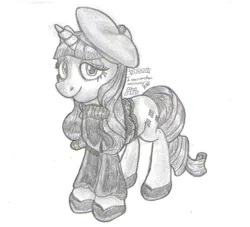 Size: 426x386 | Tagged: artist:inurantchan, beatnik, beatnik rarity, beret, clothes, derpibooru import, hat, monochrome, rarity, safe, solo, sweater, traditional art