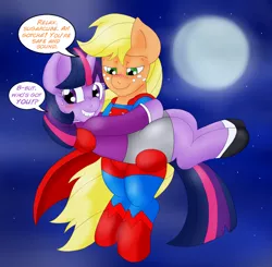 Size: 2700x2641 | Tagged: app-el, applejack, artist:blackbewhite2k7, carrying, crossover, derpibooru import, female, floating, lesbian, lois lane, parody, safe, shipping, superhero, superman, supermare, twijack, twilight sparkle