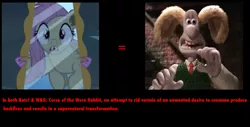 Size: 1287x653 | Tagged: safe, derpibooru import, fluttershy, spike, bat pony, pony, bats!, aardman animations, claws, comparison, curse of the were rabbit, dreamworks, fangs, flutterbat, mind blown, mirror, observation, race swap, reflection, text, wallace, wallace and gromit