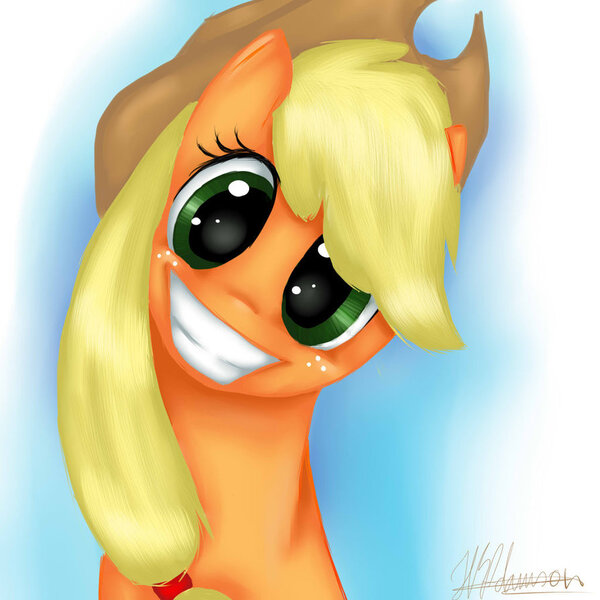 Size: 894x894 | Tagged: applejack, artist:sirskipper, derpibooru import, happy, looking at you, safe, smiling, solo, soul stare