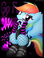 Size: 3000x4000 | Tagged: anthro, arm warmers, boots, clothes, derpibooru import, earring, eyeshadow, fishnets, lipstick, makeup, piercing, rainbow dash, safe, shoes, solo, vulgar