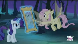 Size: 680x384 | Tagged: safe, derpibooru import, screencap, fluttershy, rarity, bat pony, pony, bats!, cutie mark, flutterbat, hub logo, hubble, magic, mirror, race swap, reflection, telekinesis, the hub