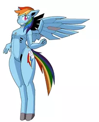 Size: 976x1200 | Tagged: safe, artist:tetsutowa, derpibooru import, rainbow dash, anthro, robot, unguligrade anthro, bodysuit, pixiv, simple background, solo, white background