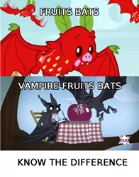 Size: 634x808 | Tagged: apple, bat, bats!, comparison, derpibooru import, eating, edit, edited screencap, fangs, fork, fruit bat, hubble, hub logo, knife, know the difference, plate, safe, screencap, strawberry, table, tablecloth, the hub, tree branch, vampire, vampire fruit bat