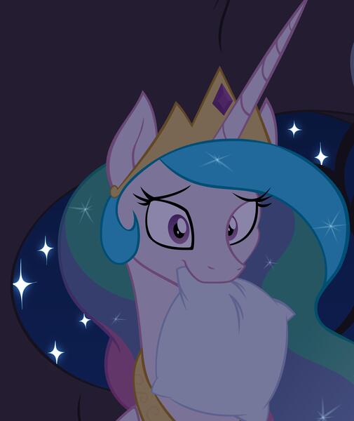 Size: 3216x3824 | Tagged: safe, artist:joey darkmeat, derpibooru import, princess celestia, pony, cropped, crown, cute, cutelestia, dark, female, looking at you, mare, mouth hold, pillow, solo, sparkles