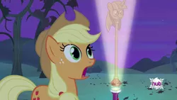 Size: 1280x720 | Tagged: applejack, applejack's flashlight, bats!, derpibooru import, edit, flashlight (object), hubble, hub logo, light, meme, night, reaction, safe, screencap, shocked, the hub, tree, twilight scepter