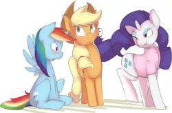 Size: 1280x841 | Tagged: dead source, safe, artist:kryptchild, derpibooru import, applejack, rainbow dash, rarity, female, lesbian, nosebleed, nurse, raridash, rarijack, shipping, tail seduce, wingboner, wink