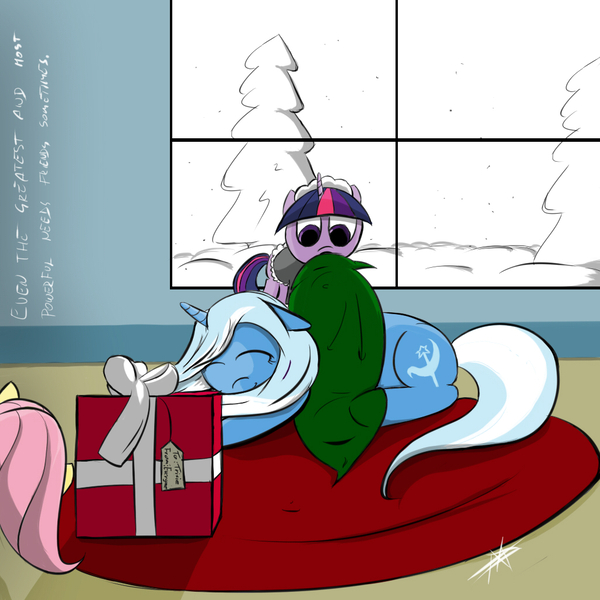 Size: 1024x1024 | Tagged: safe, artist:geneticanomaly, derpibooru import, fluttershy, trixie, twilight sparkle, present, sleeping