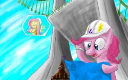 Size: 7680x4800 | Tagged: absurd resolution, artist:reginart-renart, bridge, derpibooru import, engineering, fluttershy, hard hat, hat, pinkie pie, safe, town hall