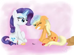 Size: 1024x766 | Tagged: applejack, artist:maggymss, brush, derpibooru import, makeover, rarity, safe