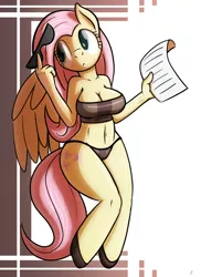 Size: 700x960 | Tagged: anthro, artist:tg-0, bandeau, belly button, bicolor swimsuit, bikini, black swimsuit, breasts, busty fluttershy, cleavage, clothes, curvy, derpibooru import, female, fluttershy, midriff, paper, shoes, solo, solo female, suggestive, swimsuit, tube top