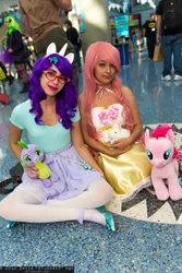 Size: 1365x2048 | Tagged: artist needed, build-a-bear, comikaze expo, comikaze expo 2013, cosplay, derpibooru import, fluttershy, glasses, human, irl, irl human, photo, plushie, rarity, safe, spike, spike plushie