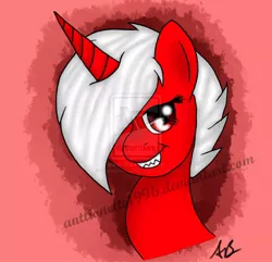 Size: 910x879 | Tagged: safe, artist:antionette1996, derpibooru import, oc, oc:bloodbath, unofficial characters only, pony, unicorn, bust, portrait, sharp teeth, smiling, solo, teeth, watermark