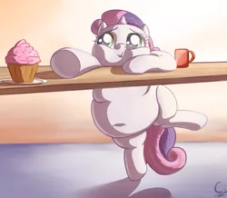 Size: 1605x1400 | Tagged: safe, artist:c-adepsy, derpibooru import, sweetie belle, pony, unicorn, belly button, chubby cheeks, cupcake, fat, feedee belle, female, filly, solo, sweetie belly, table