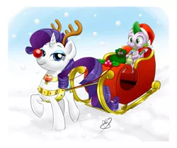 Size: 837x700 | Tagged: safe, artist:pia-sama, derpibooru import, rarity, spike, christmas, female, fire ruby, harness, hat, male, red nose, reindeer antlers, santa hat, shipping, sleigh, snow, snowfall, sparity, straight