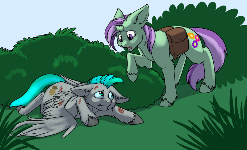 Size: 1000x607 | Tagged: safe, artist:foxenawolf, derpibooru import, oc, oc:lavender dreams, oc:whirring cogs, unofficial characters only, pegasus, pony, unicorn, fanfic:change of life, broken horn, change of life, commission, fanfic art, injured, outdoors, unshorn fetlocks