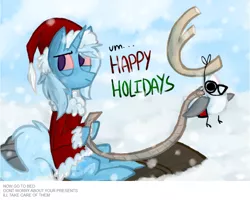 Size: 1009x809 | Tagged: safe, artist:ghost, derpibooru import, trixie, bird, pony, reindeer, unicorn, antlers, bloodshot eyes, christmas, clothes, costume, feels, female, happy holidays, hat, holiday, how the grinch stole christmas, mare, poopsy, santa claus, santa costume, santa hat, sled, snow, solo, stoned trixie, winter