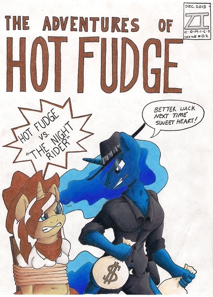 Size: 500x700 | Tagged: safe, artist:zacharyisaacs, derpibooru import, princess luna, oc, oc:hot fudge, anthro, belly button, clothes, colored, hat, money bags, rope, western