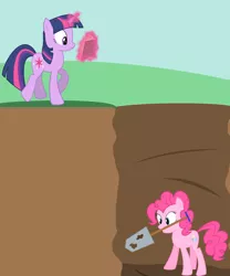 Size: 1000x1200 | Tagged: safe, artist:felixabsolved, derpibooru import, pinkie pie, twilight sparkle, earth pony, pony, unicorn, book, digging, duo, female, hole, imminent fall, magic, magic aura, mare, shovel, telekinesis, unicorn twilight, walking