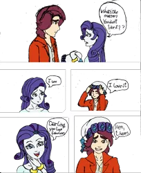 Size: 1257x1537 | Tagged: safe, artist:kurobisu, derpibooru import, normal norman, rarity, equestria girls, /mlp/, background human, beanie, colored, comic, dialogue, hat, speech bubble