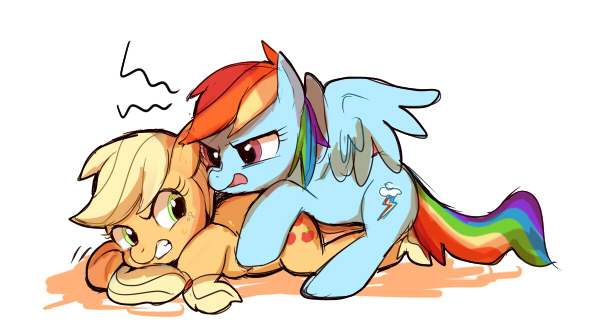 Size: 600x332 | Tagged: safe, artist:aki-tam, derpibooru import, applejack, rainbow dash, appledash, cute, female, lesbian, pixiv, shipping