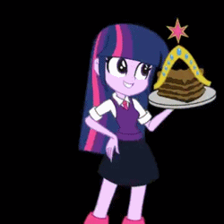 Size: 280x280 | Tagged: safe, artist:khuzang, derpibooru import, twilight sparkle, equestria girls, animated, big crown thingy, cake, clothes, cute, dancing, do you want this cake, harry partridge, nicolas cage wants cake, school uniform, skirt, smiling, solo, twiabetes