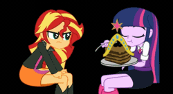 Size: 510x280 | Tagged: safe, artist:khuzang, derpibooru import, sunset shimmer, twilight sparkle, human, equestria girls, :t, animated, big crown thingy, black background, cake, clothes, cute, do you want this cake, duo, eating, eyes closed, feeding, female, frown, glare, good end, happy, open mouth, raised eyebrow, school uniform, sharing, shimmerbetes, simple background, sitting, skirt, smiling, spoon, twiabetes, weapons-grade cute, youtube link