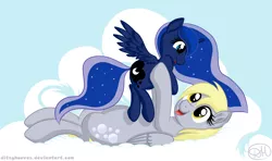 Size: 6000x3552 | Tagged: safe, artist:shiarr, derpibooru import, derpy hooves, princess luna, pony, cloud, filly, happy, holding a pony, on back, woona