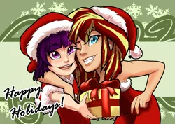 Size: 1684x1191 | Tagged: safe, artist:smilingdogz, derpibooru import, sunset shimmer, twilight sparkle, human, clothes, hat, humanized, light skin, present, santa costume, santa hat