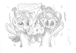 Size: 1024x714 | Tagged: safe, artist:inurantchan, derpibooru import, derpy hooves, pinkie pie, pegasus, pony, candle, female, hat, mare, monochrome, muffin, party hat, traditional art