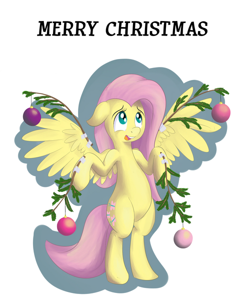 Size: 1200x1440 | Tagged: safe, artist:postscripting, derpibooru import, fluttershy, pony, bipedal, christmas tree, fluttertree, merry christmas, solo