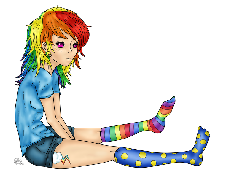 Size: 3275x2579 | Tagged: artist:audreyfan1001, clothes, derpibooru import, human, humanized, light skin, mismatched socks, missing shoes, rainbow dash, rainbow socks, safe, socks, solo, striped socks