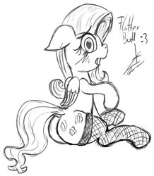 Size: 910x1042 | Tagged: artist:magical disaster, blushing, caught, clothes, derpibooru import, female, fluttershy, heart eyes, monochrome, plot, sitting, sketch, solo, solo female, stockings, suggestive