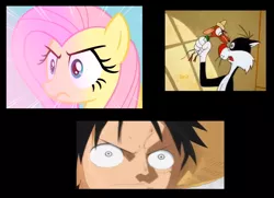 Size: 1185x856 | Tagged: comparison, derpibooru import, eyes, fluttershy, haki, haoshoku haki, looney tunes, monkey d luffy, one piece, safe, slowpoke rodriguez, speedy gonzales, stare