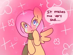 Size: 500x375 | Tagged: safe, artist:milkwolf, derpibooru import, fluttershy, ask-friendlyshy, blushing, clothes, crying, cute, frown, looking at you, sad, scarf, solo, speech bubble, tumblr, wavy mouth, wingding eyes