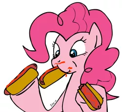 Size: 944x870 | Tagged: artist needed, safe, derpibooru import, pinkie pie, earth pony, pony, eating, female, food, holding, hot dog, image, ketchup, messy eating, png, ponies eating meat, sauce, solo