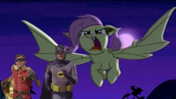 Size: 1920x1080 | Tagged: safe, derpibooru import, edit, edited screencap, screencap, fluttershy, bat pony, human, pony, bats!, 60s batman, adam west, batman, batman and robin, burt ward, fangs, female, flutterbat, flutterbat attack, flying, irl, irl human, male, mare, meme, open mouth, photo, race swap, robin