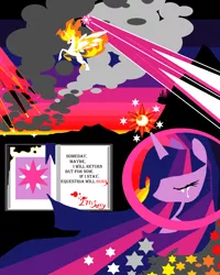 Size: 1992x2484 | Tagged: safe, artist:foldawaywings, derpibooru import, nightmare star, princess celestia, twilight sparkle, twilight sparkle (alicorn), alicorn, pony, rapidash, book, crying, destruction, immortality blues, ms paint, sad