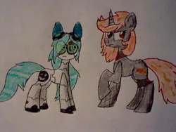 Size: 640x480 | Tagged: safe, artist:unicron, derpibooru import, oc, oc:cloudsmasher, oc:incendia, unofficial characters only, original species, pony, robot, traditional art