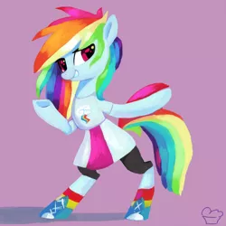 Size: 3000x3000 | Tagged: dead source, safe, artist:aaplepieeru, derpibooru import, rainbow dash, pony, abstract background, bipedal, clothes, equestria girls outfit, female, high res, looking at you, mare, rainbow socks, shoes, simple background, skirt, sneakers, socks, solo, striped socks, underhoof, wingless