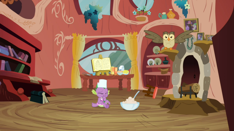 Size: 1050x590 | Tagged: apron, bird, book, bowl, clothes, derpibooru import, dragon, just for sidekicks, male, naked apron, owl, owlowiscious, safe, screencap, spike, spoon