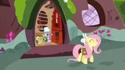 Size: 1050x590 | Tagged: angel bunny, animal, apron, bag, bird, clothes, derpibooru import, dragon, fluttershy, gem, just for sidekicks, naked apron, owl, owlowiscious, pegasus, rabbit, saddle bag, safe, screencap, spike, waving