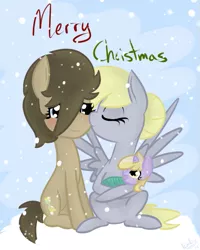 Size: 529x661 | Tagged: safe, artist:lilliesinthegarden, derpibooru import, derpy hooves, dinky hooves, doctor whooves, time turner, pony, baby, baby pony, blushing, christmas, cradling, cute, doctorderpy, equestria's best mother, eyes closed, female, filly, foal, kissing, male, nurse turner, open mouth, shipping, sitting, smiling, snow, snowfall, straight, winter, younger