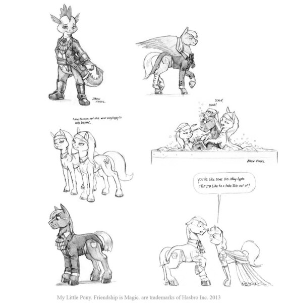 Size: 1224x1296 | Tagged: safe, artist:baron engel, derpibooru import, aloe, big macintosh, lotus blossom, spike, oc, oc:petina, oc:sky brush, earth pony, pony, bath, clothes, dialogue, dress, grayscale, makeover, male, monochrome, pencil drawing, spa, spa twins, stallion, suit, traditional art