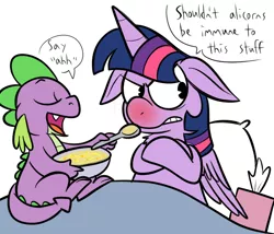 Size: 700x600 | Tagged: safe, artist:karpet-shark, derpibooru import, spike, twilight sparkle, twilight sparkle (alicorn), alicorn, pony, twily-daily, bed, blanket, bowl, cold, dialogue, fangs, feeding, female, food, mare, pillow, red nosed, sick, soup, speech bubble, spoon, tissue, tissue box