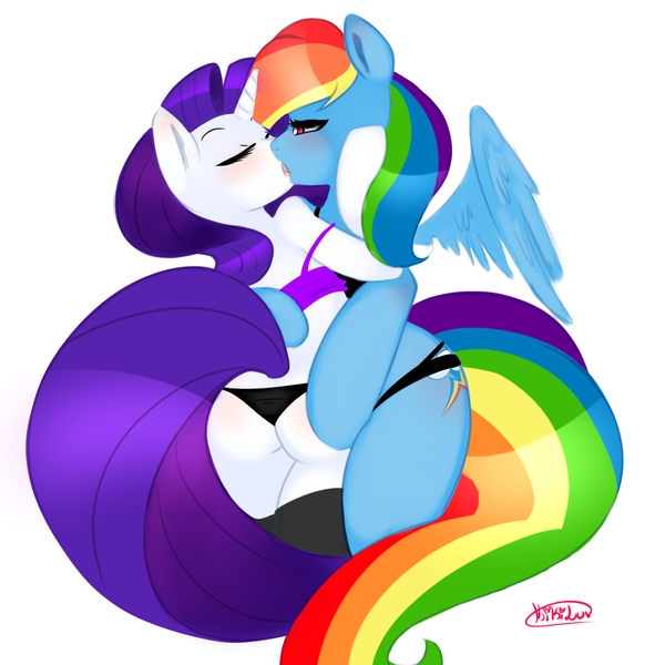 Size: 1024x1024 | Tagged: anthro, artist:kikiluv, butt grab, derpibooru import, female, grope, kissing, lesbian, questionable, rainbow dash, raridash, rarity, shipping, sloppy kissing