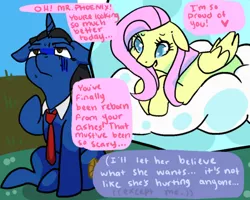 Size: 500x400 | Tagged: ace attorney, artist:askswiftjustice, cloud, crossover, derpibooru import, dialogue, fluttershy, necktie, phoenix wright, ponified, safe, speech bubble, turnabout storm